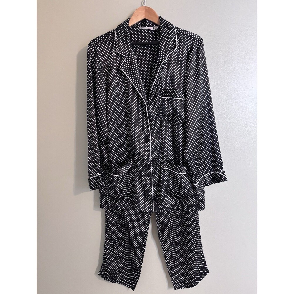 Victoria’s Secret Women’s Pajama Set Black White Polka Dot Sz M Lounge Satin